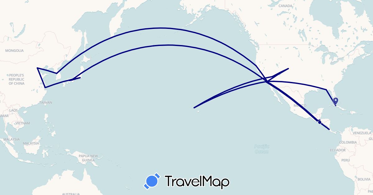 TravelMap itinerary: driving in China, Colombia, Costa Rica, Guatemala, Honduras, Japan, South Korea, Panama, El Salvador, United States (Asia, North America, South America)